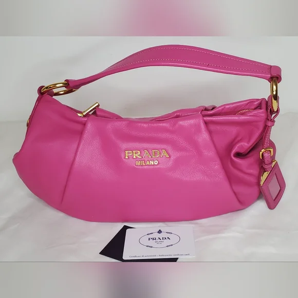 🔥HostPick🔥NWOT PRADA Milano Vibrant Pink Leather Shoulder Bag /Handbag Gold - Picture 9 of 16